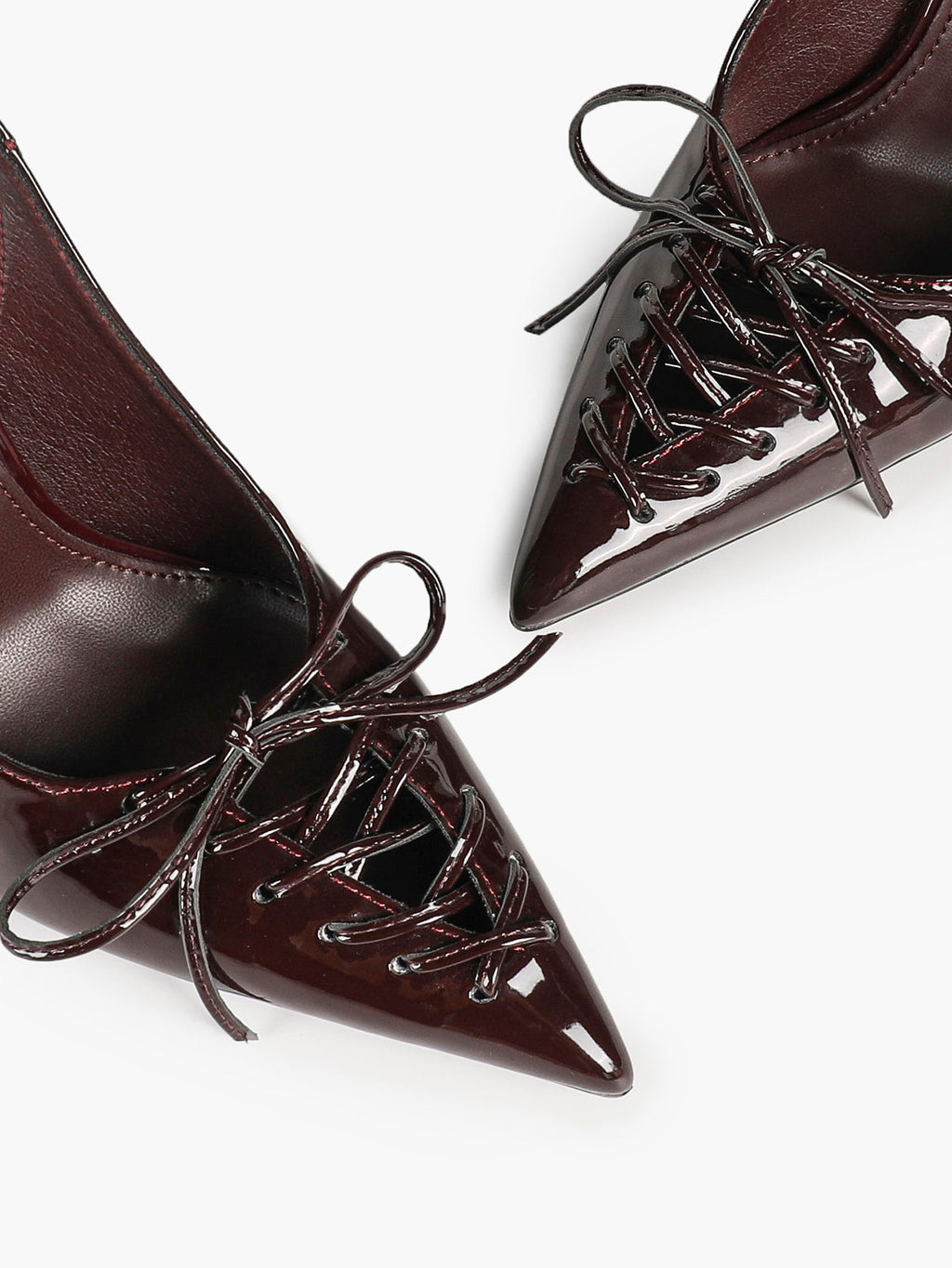 Women's Burgundy Patent Leather Lace-Up Pointed Toe Stiletto Heels with Bow Party Evening