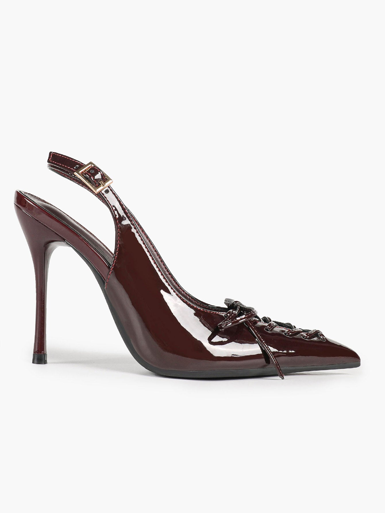 Women's Burgundy Patent Leather Lace-Up Pointed Toe Stiletto Heels with Bow Party Evening