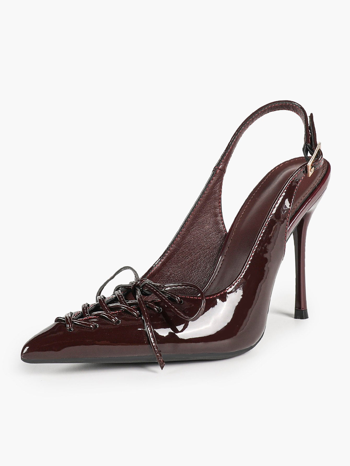 Women's Burgundy Patent Leather Lace-Up Pointed Toe Stiletto Heels with Bow Party Evening