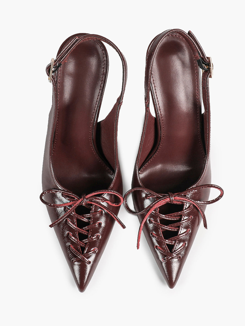 Women's Burgundy Patent Leather Lace-Up Pointed Toe Stiletto Heels with Bow Party Evening