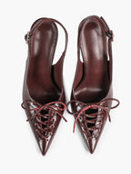 Women's Burgundy Patent Leather Lace-Up Pointed Toe Stiletto Heels with Bow Party Evening