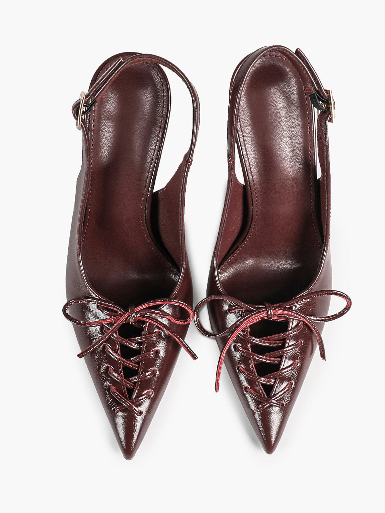 Women's Burgundy Patent Leather Lace-Up Pointed Toe Stiletto Heels with Bow Party Evening