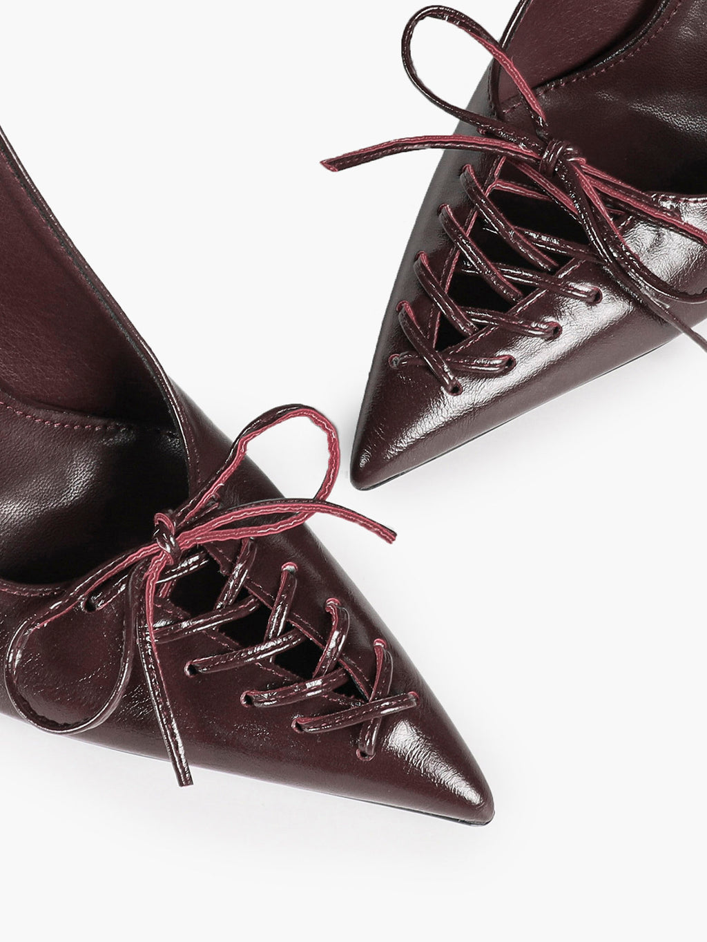 Women's Burgundy Patent Leather Lace-Up Pointed Toe Stiletto Heels with Bow Party Evening