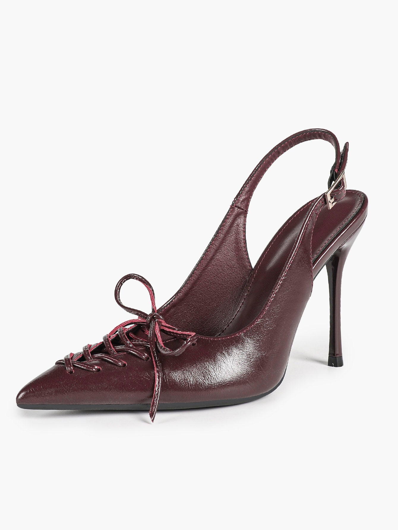 Women's Burgundy Patent Leather Lace-Up Pointed Toe Stiletto Heels with Bow Party Evening