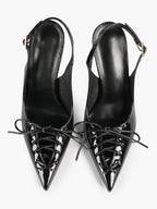 Women's Burgundy Patent Leather Lace-Up Pointed Toe Stiletto Heels with Bow Party Evening