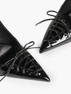 Women's Burgundy Patent Leather Lace-Up Pointed Toe Stiletto Heels with Bow Party Evening