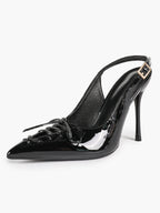Women's Burgundy Patent Leather Lace-Up Pointed Toe Stiletto Heels with Bow Party Evening