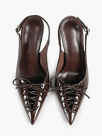 Women's Burgundy Patent Leather Lace-Up Pointed Toe Stiletto Heels with Bow Party Evening