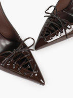 Women's Burgundy Patent Leather Lace-Up Pointed Toe Stiletto Heels with Bow Party Evening
