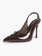 Women's Burgundy Patent Leather Lace-Up Pointed Toe Stiletto Heels with Bow Party Evening