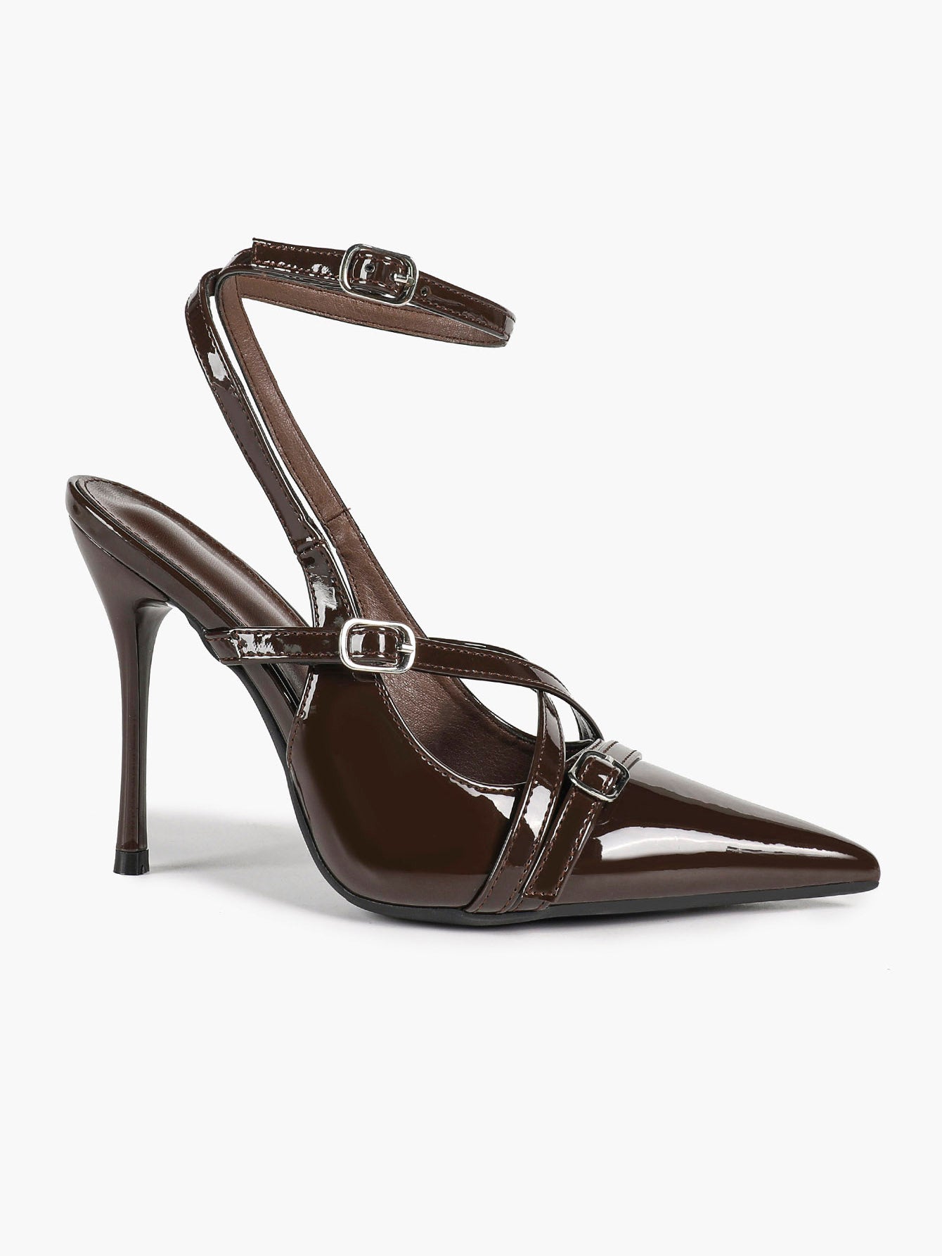 Black Patent Leather Pointed Toe Stiletto Heels Multi Strap Ankle Buckle Party Clubwear