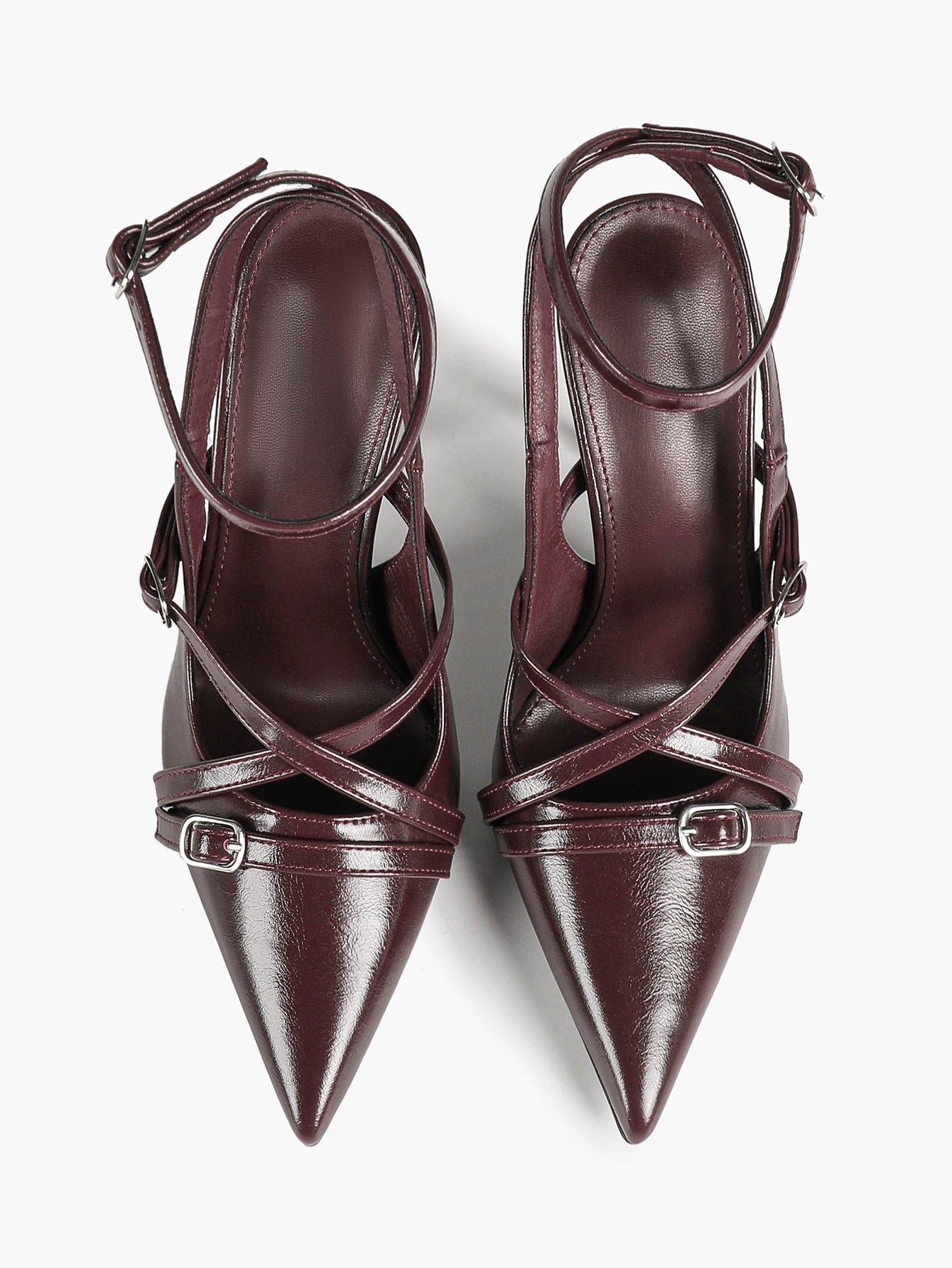 Black Patent Leather Pointed Toe Stiletto Heels Multi Strap Ankle Buckle Party Clubwear