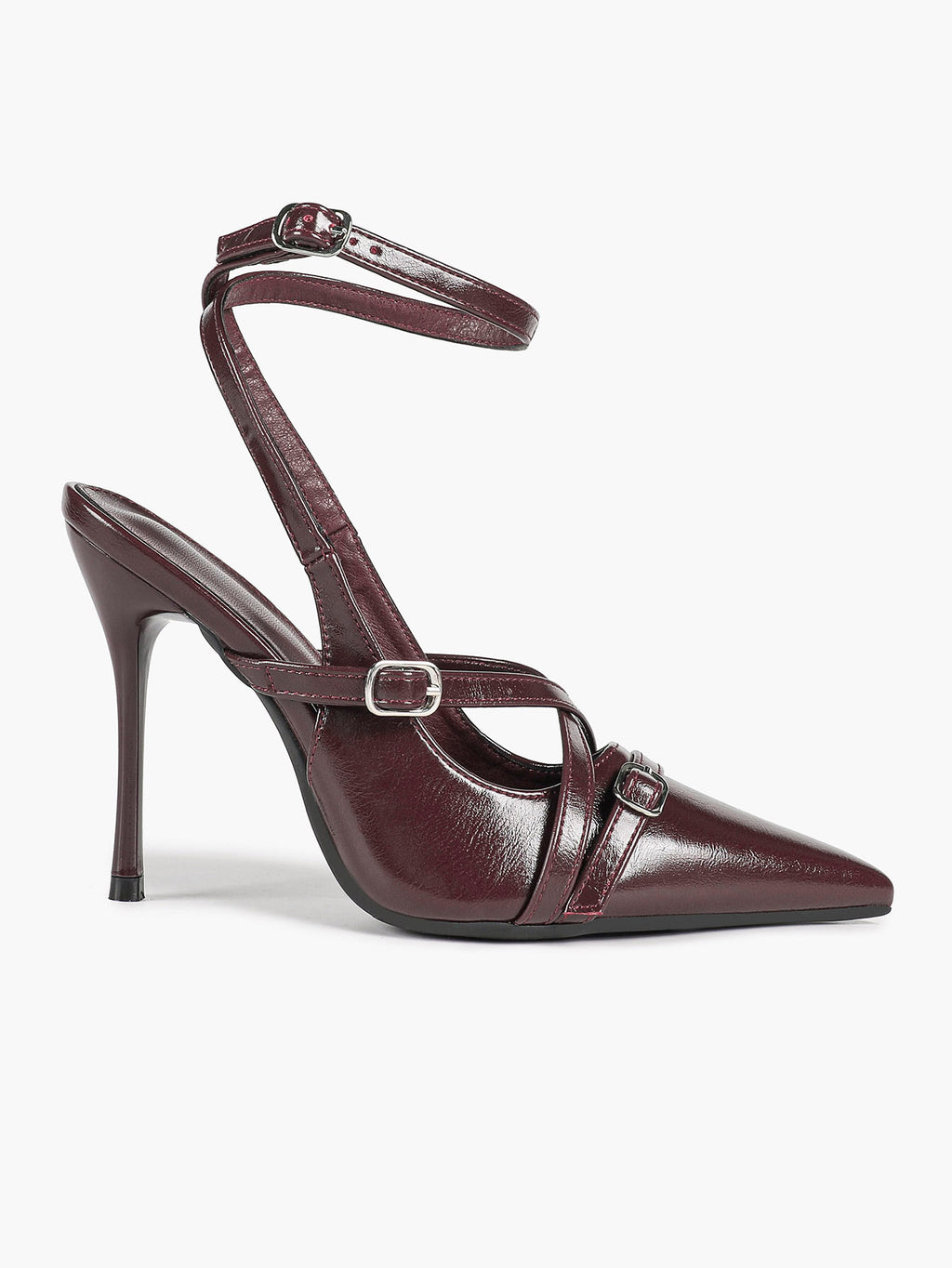 Black Patent Leather Pointed Toe Stiletto Heels Multi Strap Ankle Buckle Party Clubwear