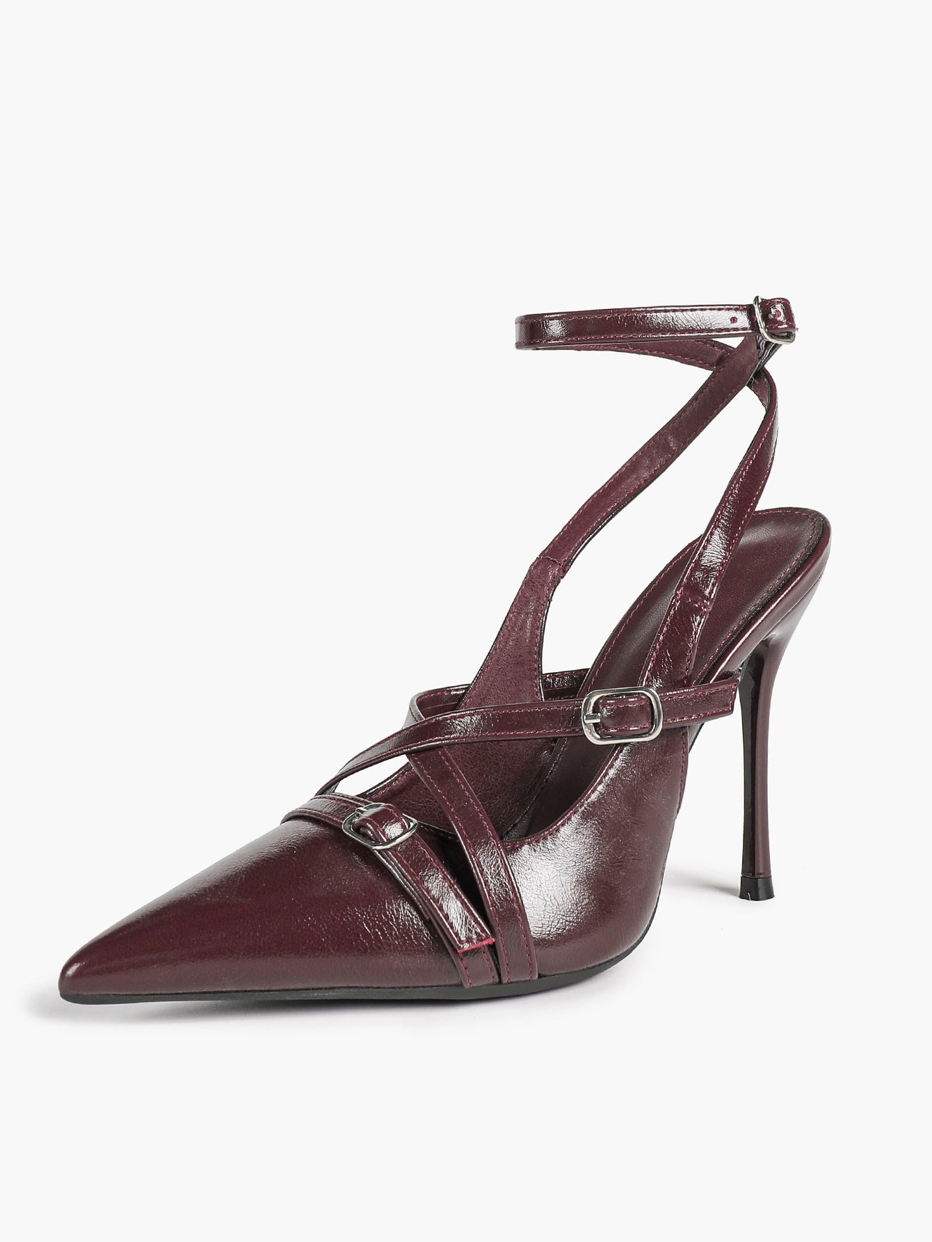 Black Patent Leather Pointed Toe Stiletto Heels Multi Strap Ankle Buckle Party Clubwear