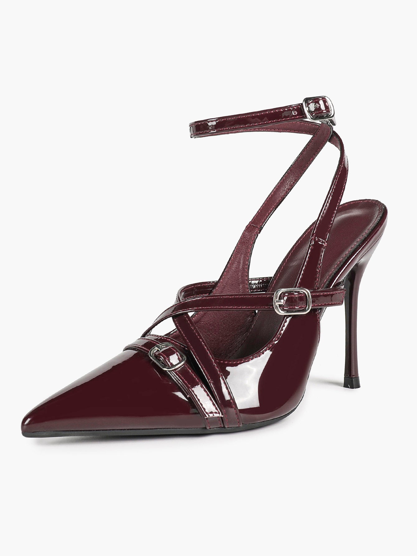 Black Patent Leather Pointed Toe Stiletto Heels Multi Strap Ankle Buckle Party Clubwear
