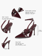 Black Patent Leather Pointed Toe Stiletto Heels Multi Strap Ankle Buckle Party Clubwear
