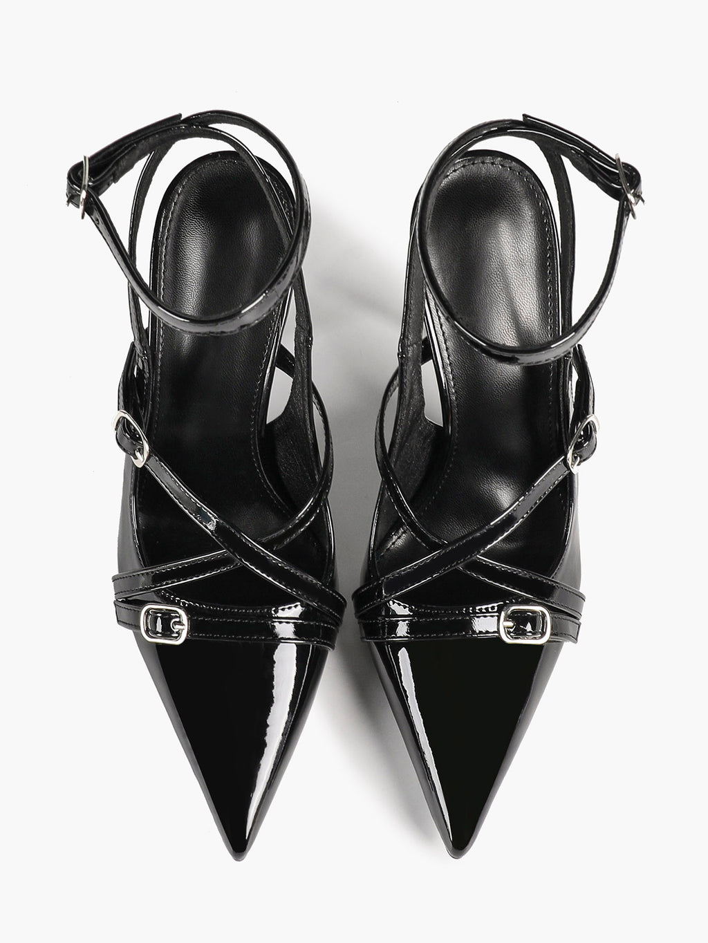 Black Patent Leather Pointed Toe Stiletto Heels Multi Strap Ankle Buckle Party Clubwear