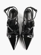 Black Patent Leather Pointed Toe Stiletto Heels Multi Strap Ankle Buckle Party Clubwear