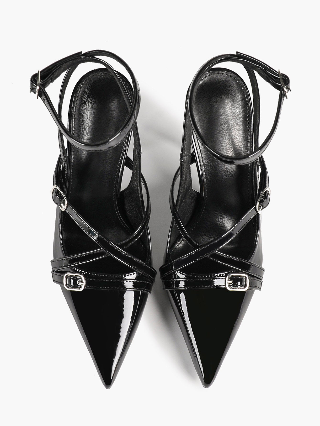 Black Patent Leather Pointed Toe Stiletto Heels Multi Strap Ankle Buckle Party Clubwear