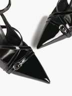 Black Patent Leather Pointed Toe Stiletto Heels Multi Strap Ankle Buckle Party Clubwear