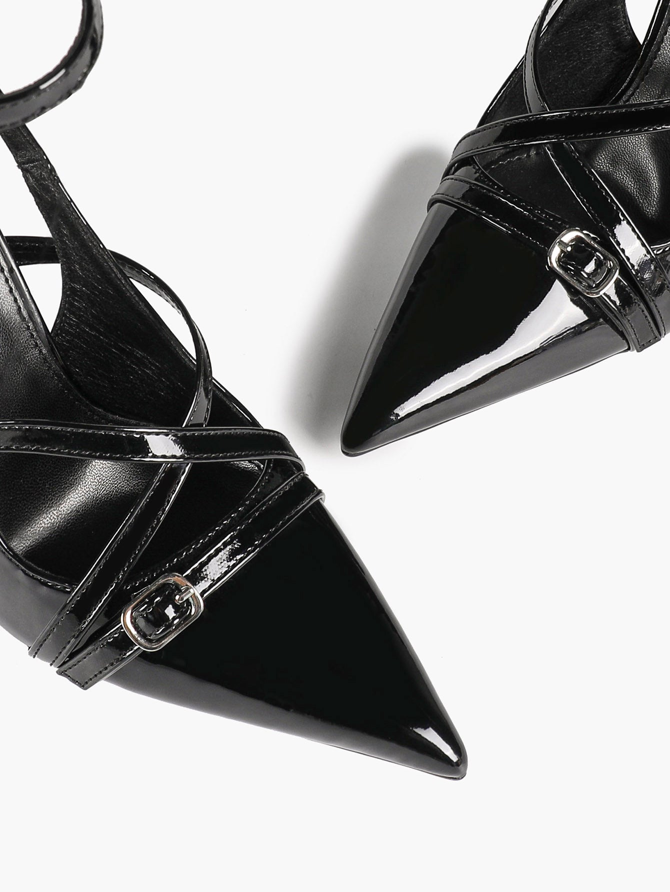 Black Patent Leather Pointed Toe Stiletto Heels Multi Strap Ankle Buckle Party Clubwear