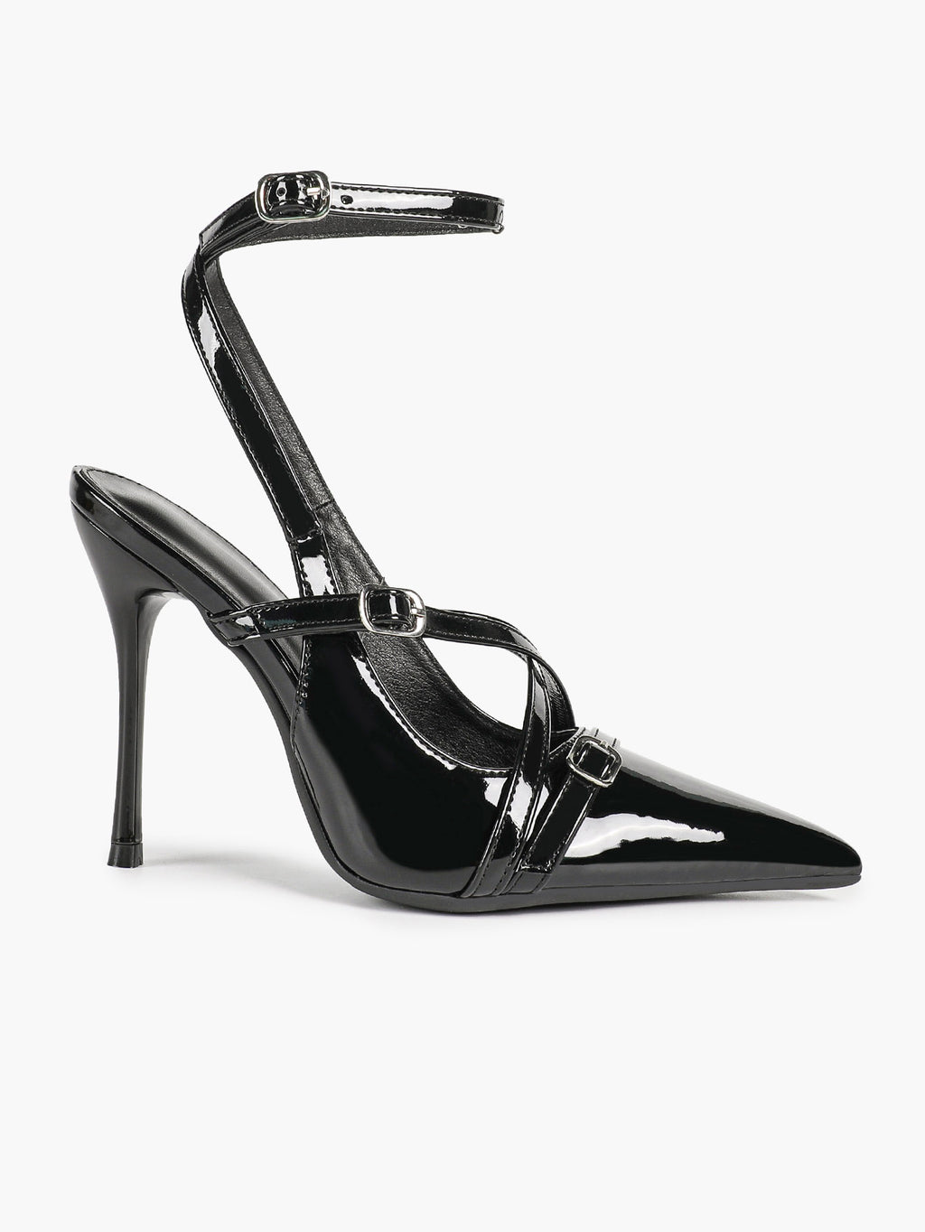 Black Patent Leather Pointed Toe Stiletto Heels Multi Strap Ankle Buckle Party Clubwear