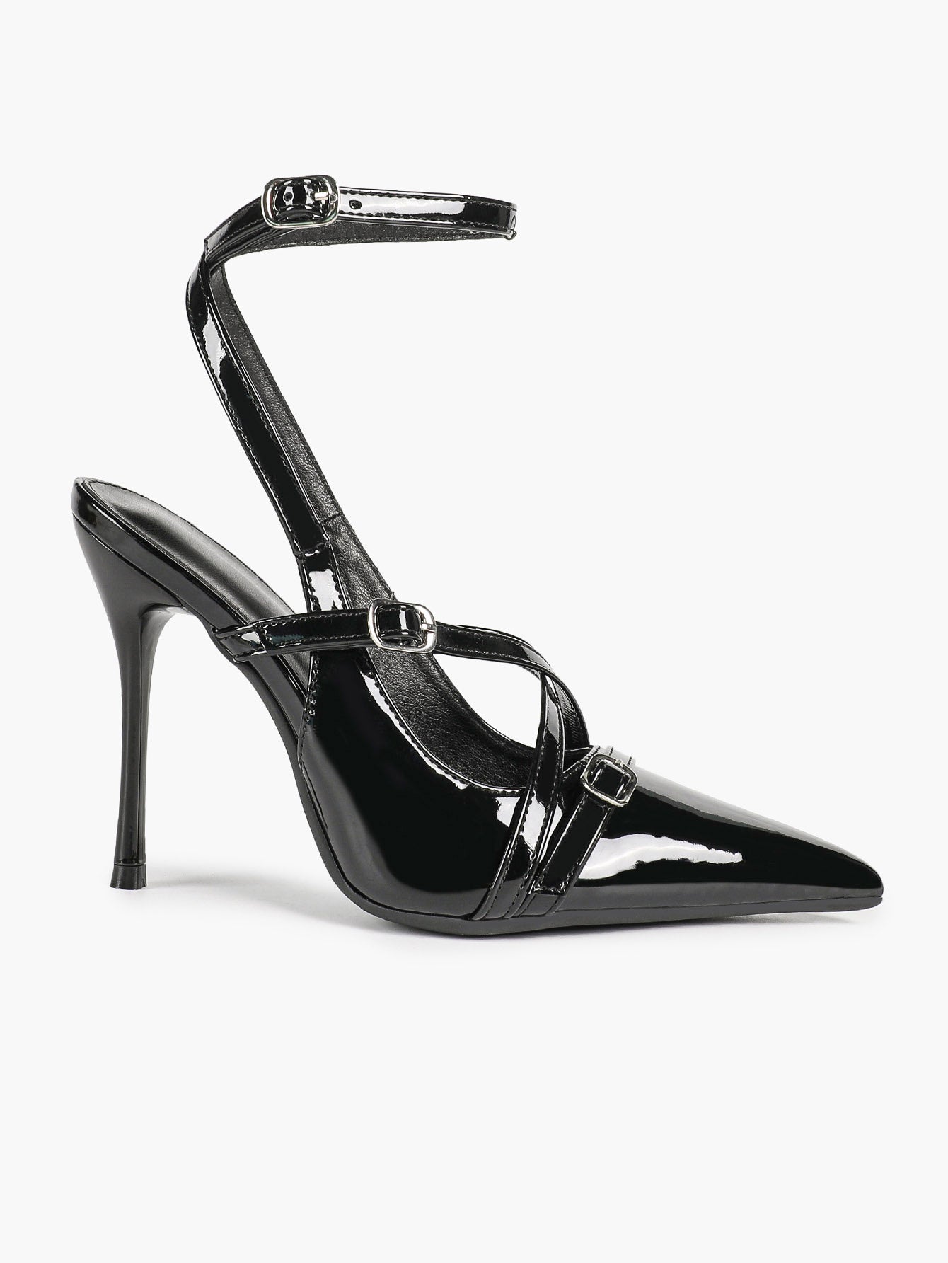 Black Patent Leather Pointed Toe Stiletto Heels Multi Strap Ankle Buckle Party Clubwear