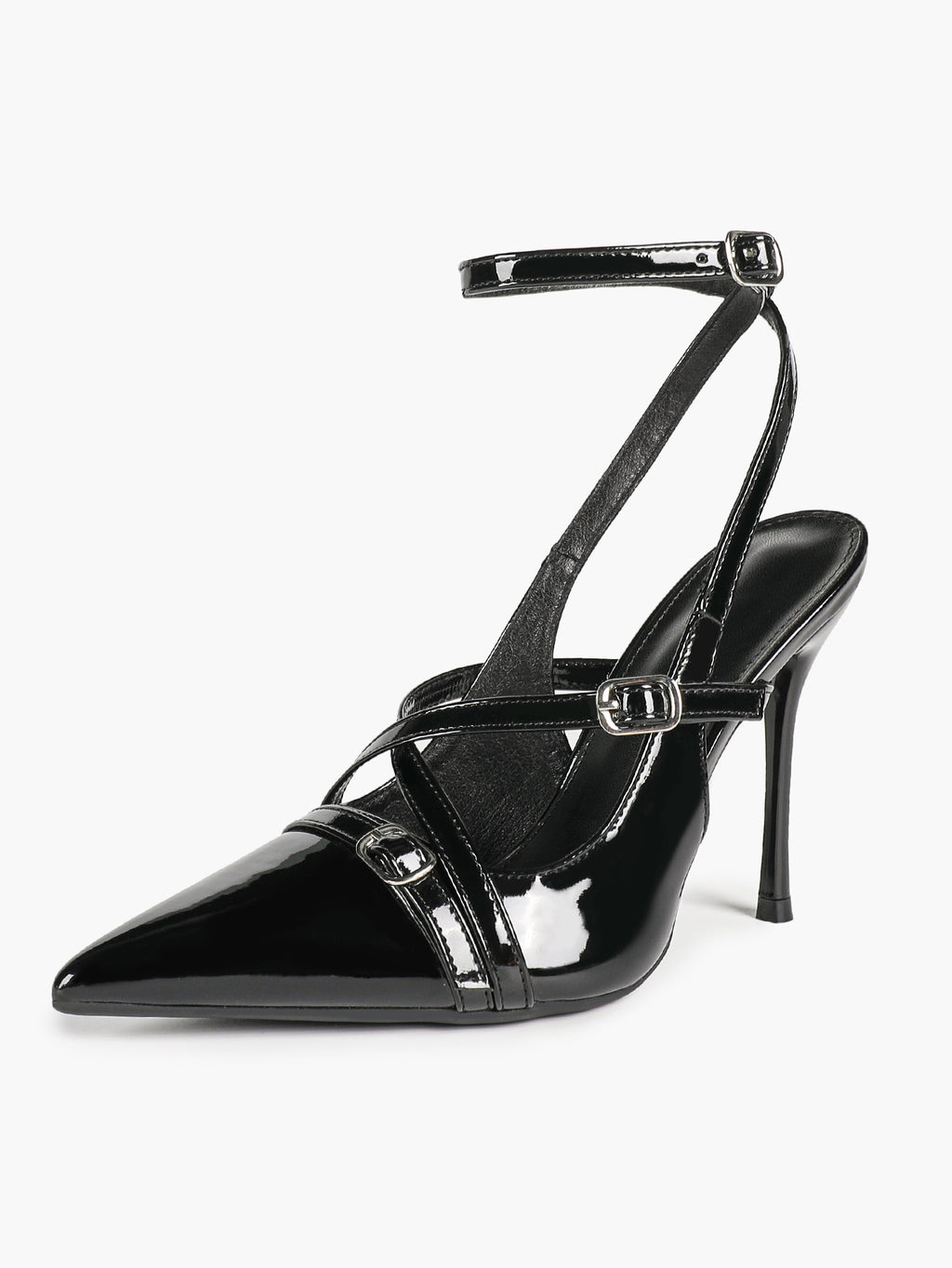 Black Patent Leather Pointed Toe Stiletto Heels Multi Strap Ankle Buckle Party Clubwear