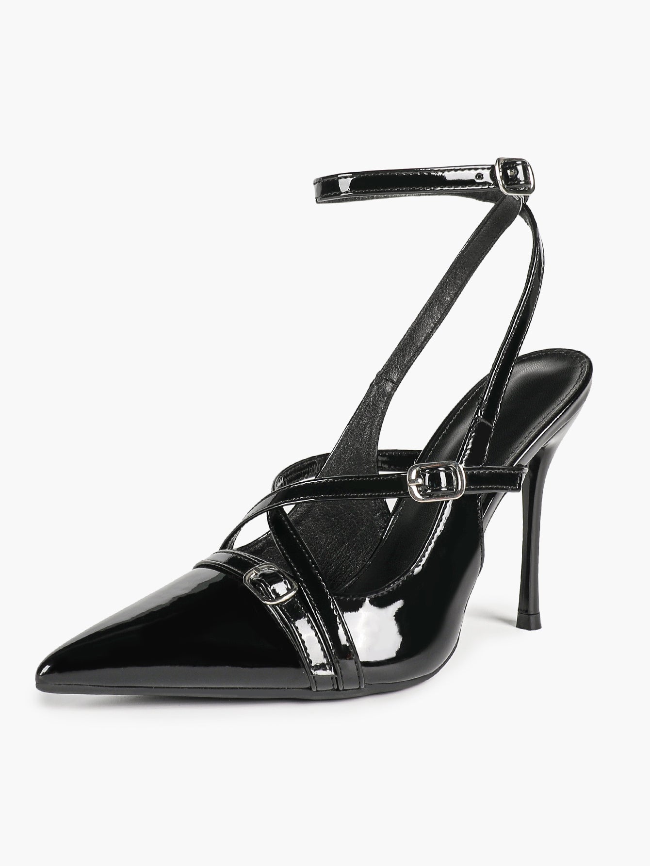 Black Patent Leather Pointed Toe Stiletto Heels Multi Strap Ankle Buckle Party Clubwear