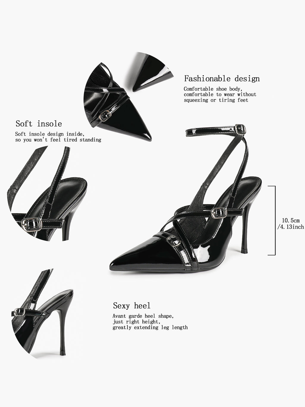 Black Patent Leather Pointed Toe Stiletto Heels Multi Strap Ankle Buckle Party Clubwear