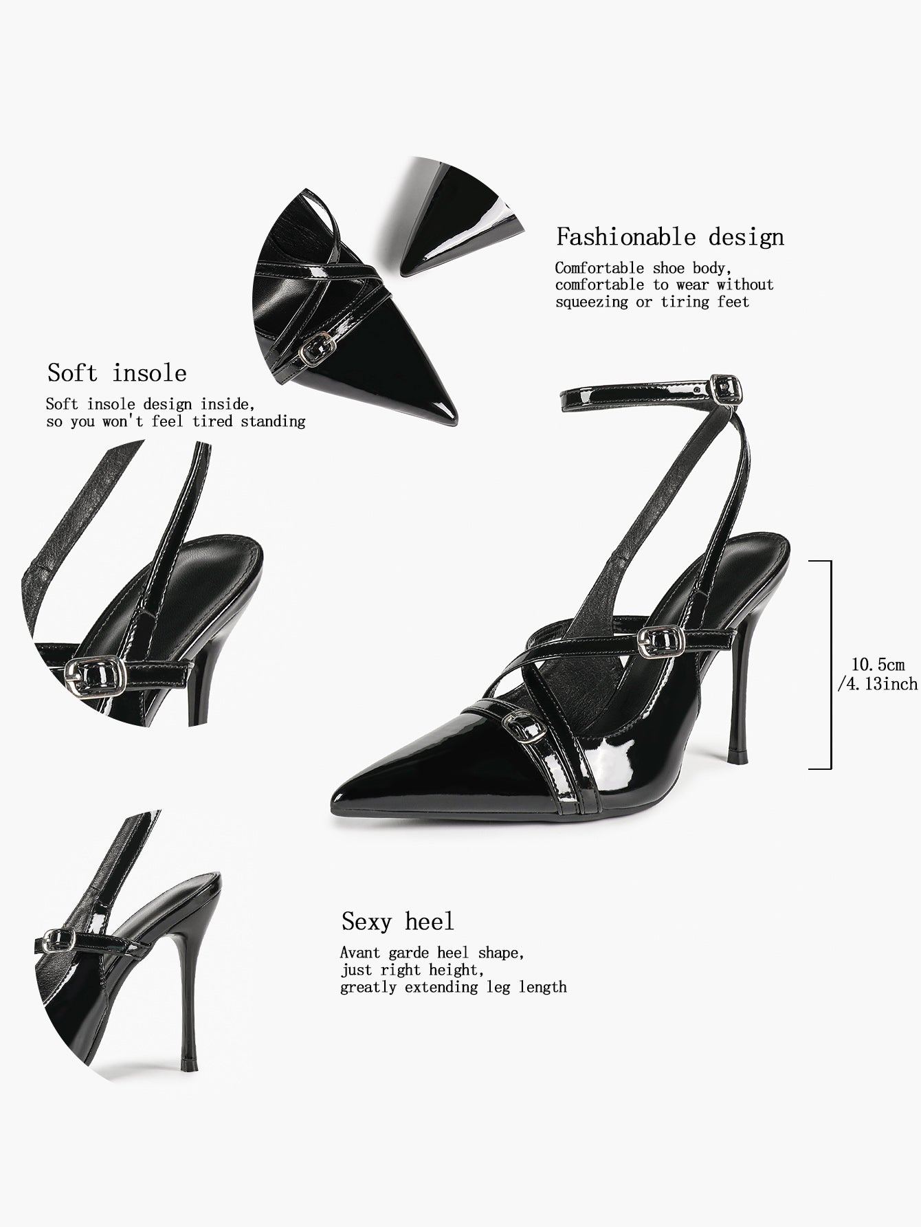 Black Patent Leather Pointed Toe Stiletto Heels Multi Strap Ankle Buckle Party Clubwear