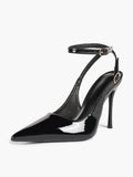 White Pointed Toe Slingback Heels Double Buckle Ankle Strap Pumps Stilettos Office Wedding Shoes