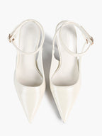 White Pointed Toe Slingback Heels Double Buckle Ankle Strap Pumps Stilettos Office Wedding Shoes