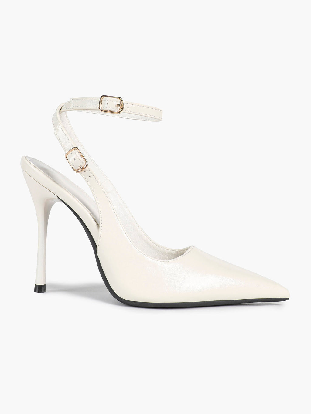 White Pointed Toe Slingback Heels Double Buckle Ankle Strap Pumps Stilettos Office Wedding Shoes