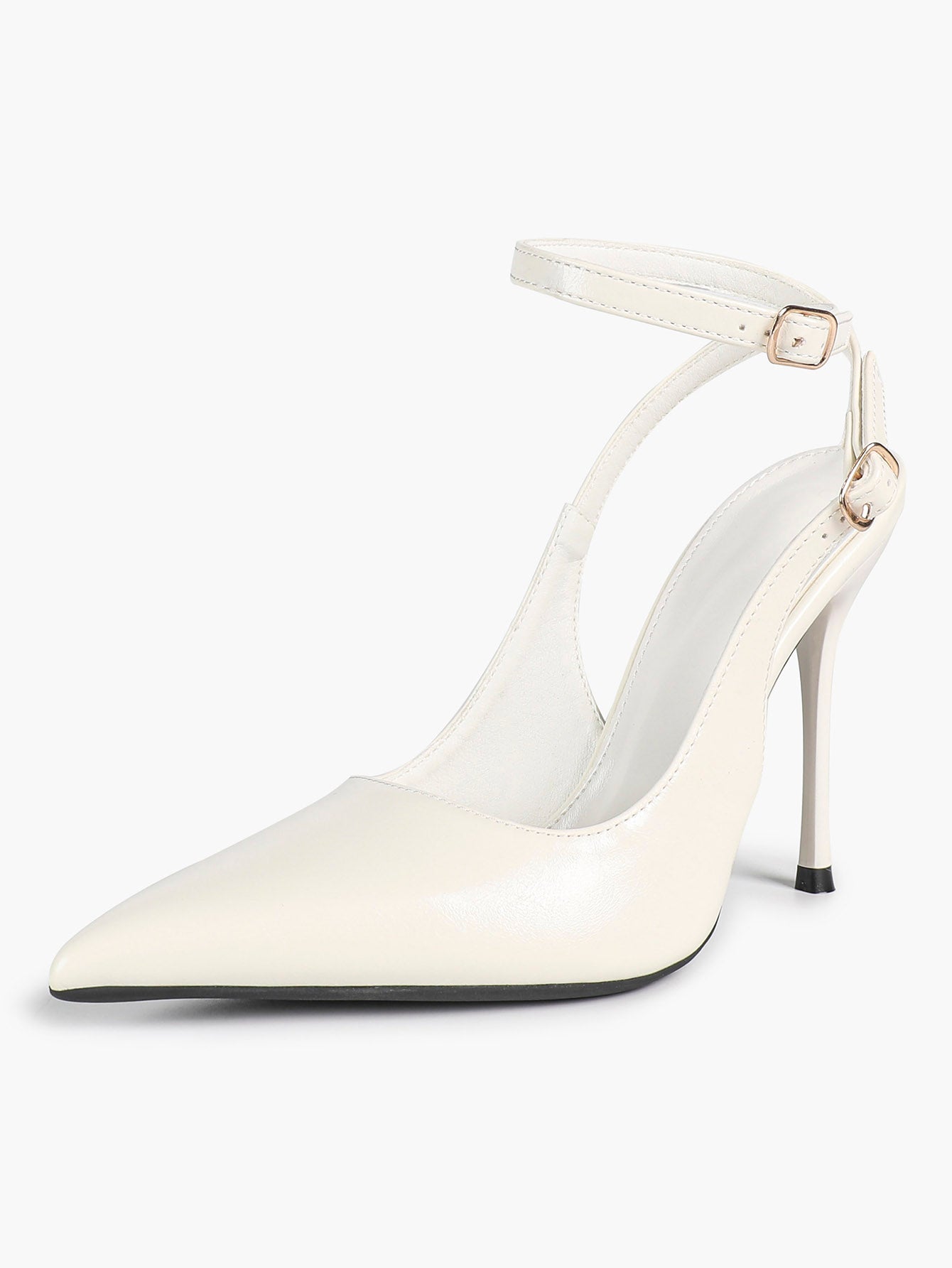 White Pointed Toe Slingback Heels Double Buckle Ankle Strap Pumps Stilettos Office Wedding Shoes