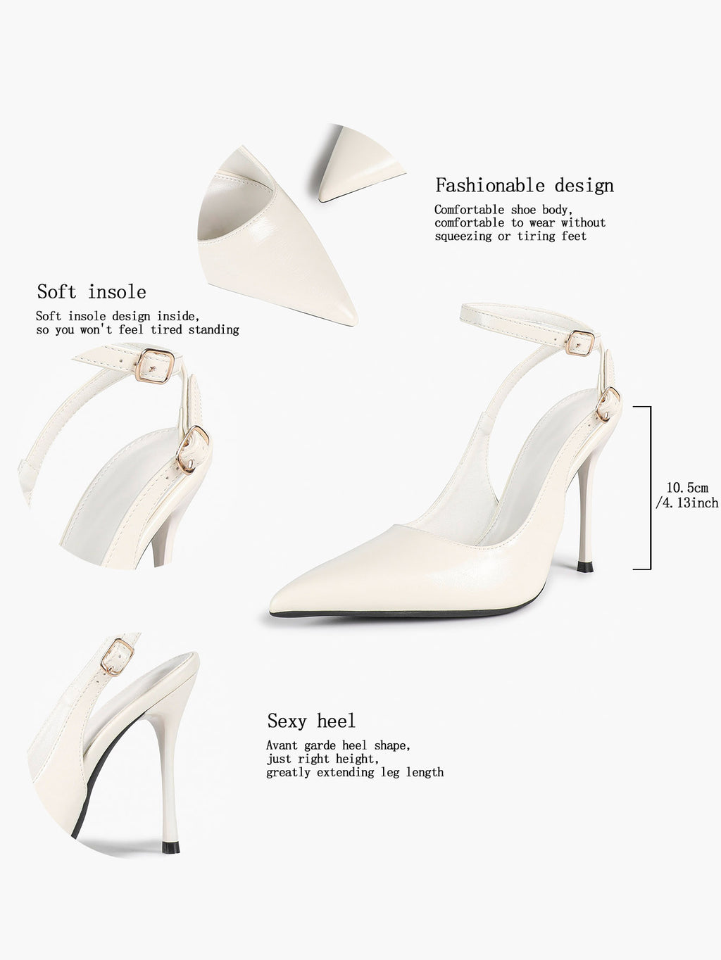 White Pointed Toe Slingback Heels Double Buckle Ankle Strap Pumps Stilettos Office Wedding Shoes