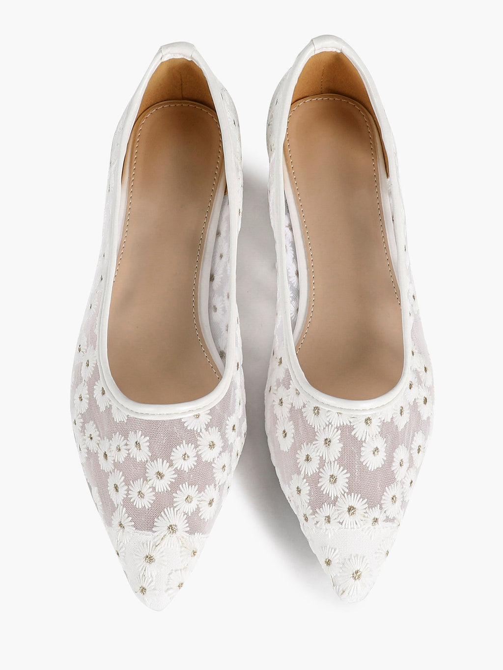 Women's Pointed Toe Daisy Embroidery Mesh Flats Slip On Elegant Summer Shoes for Bridal Casual Outfit