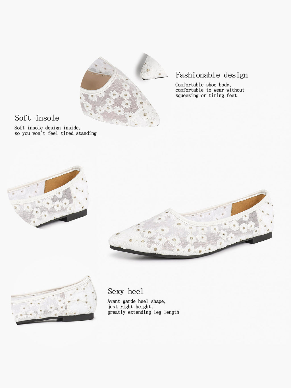 Women's Pointed Toe Daisy Embroidery Mesh Flats Slip On Elegant Summer Shoes for Bridal Casual Outfit