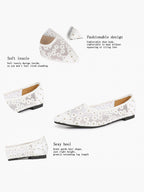 Women's Pointed Toe Daisy Embroidery Mesh Flats Slip On Elegant Summer Shoes for Bridal Casual Outfit