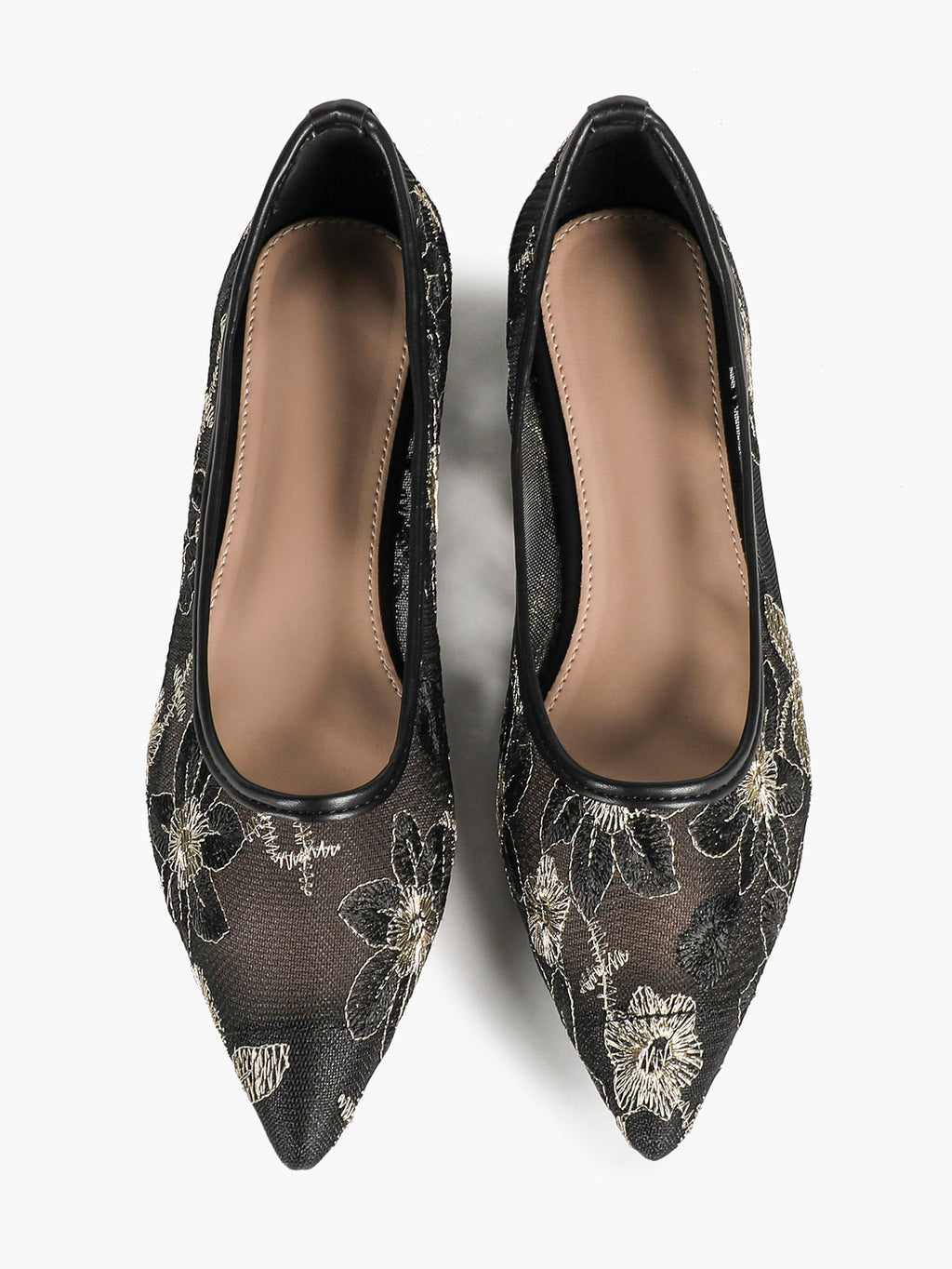 Pointed Toe Gold Thread Embroidery Mesh Ballet Flats Slip On for Bridal Daily Outfit