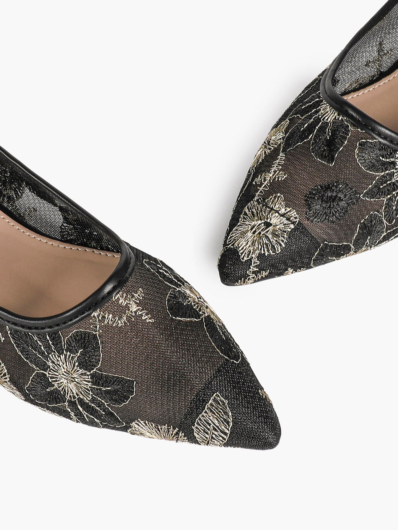 Pointed Toe Gold Thread Embroidery Mesh Ballet Flats Slip On for Bridal Daily Outfit