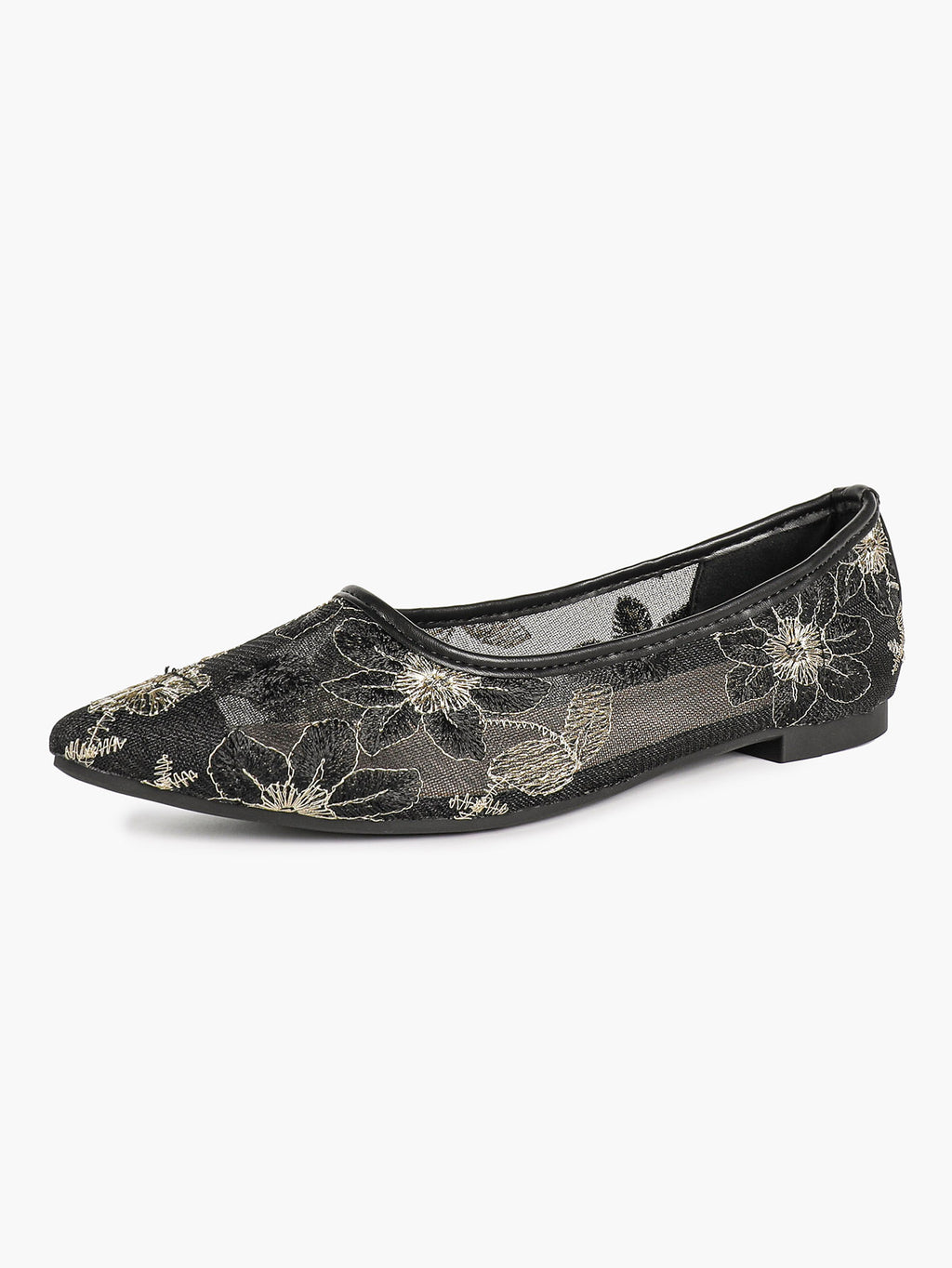 Pointed Toe Gold Thread Embroidery Mesh Ballet Flats Slip On for Bridal Daily Outfit
