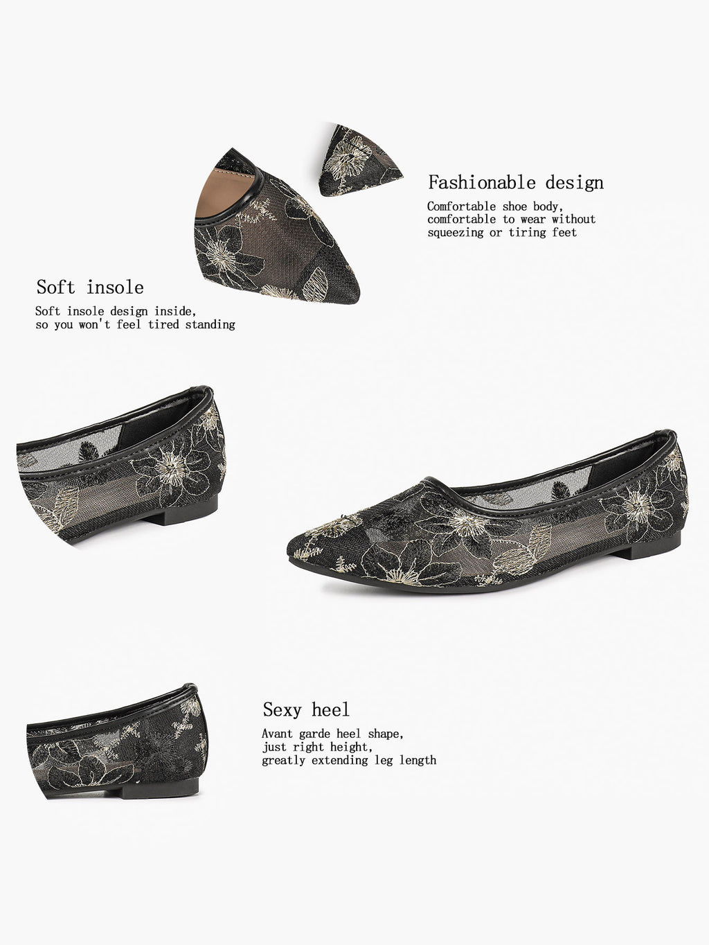 Pointed Toe Gold Thread Embroidery Mesh Ballet Flats Slip On for Bridal Daily Outfit