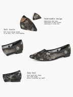 Pointed Toe Gold Thread Embroidery Mesh Ballet Flats Slip On for Bridal Daily Outfit