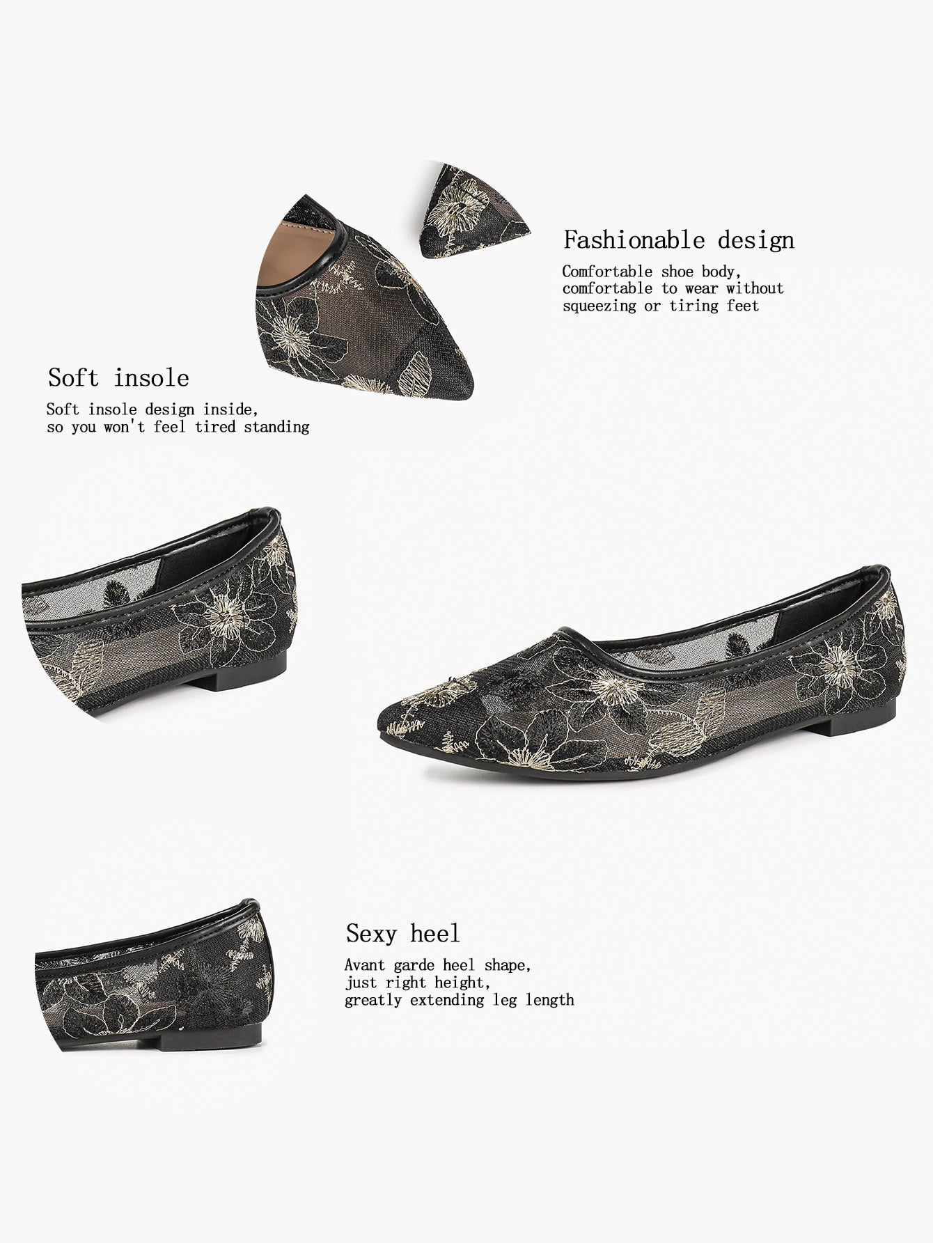 Pointed Toe Gold Thread Embroidery Mesh Ballet Flats Slip On for Bridal Daily Outfit