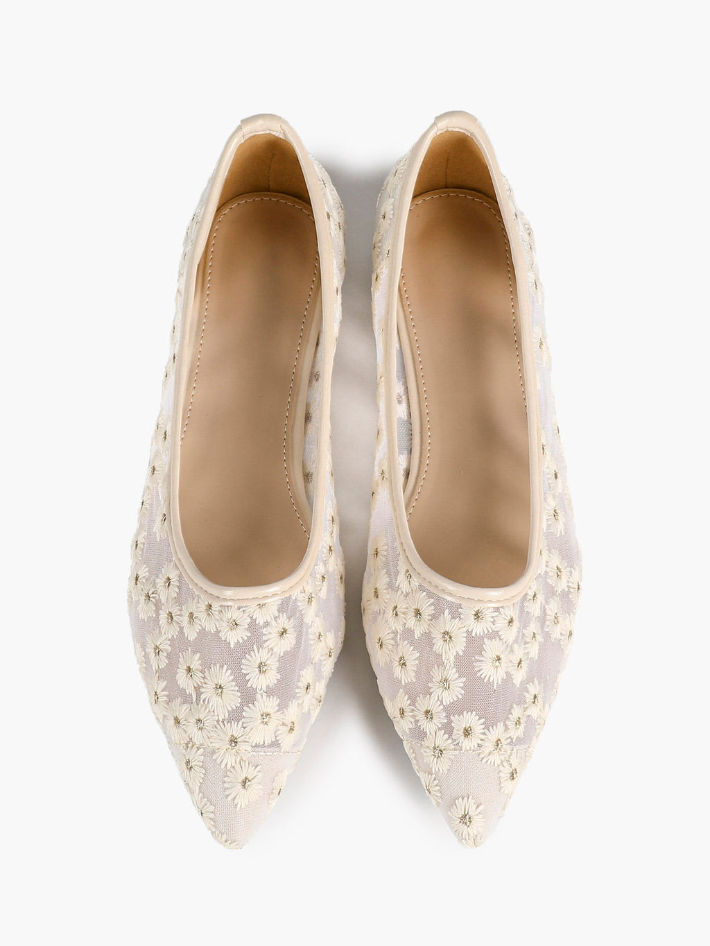 Women's Pointed Toe Daisy Embroidery Mesh Flats Slip On Elegant Summer Shoes for Bridal Casual Outfit