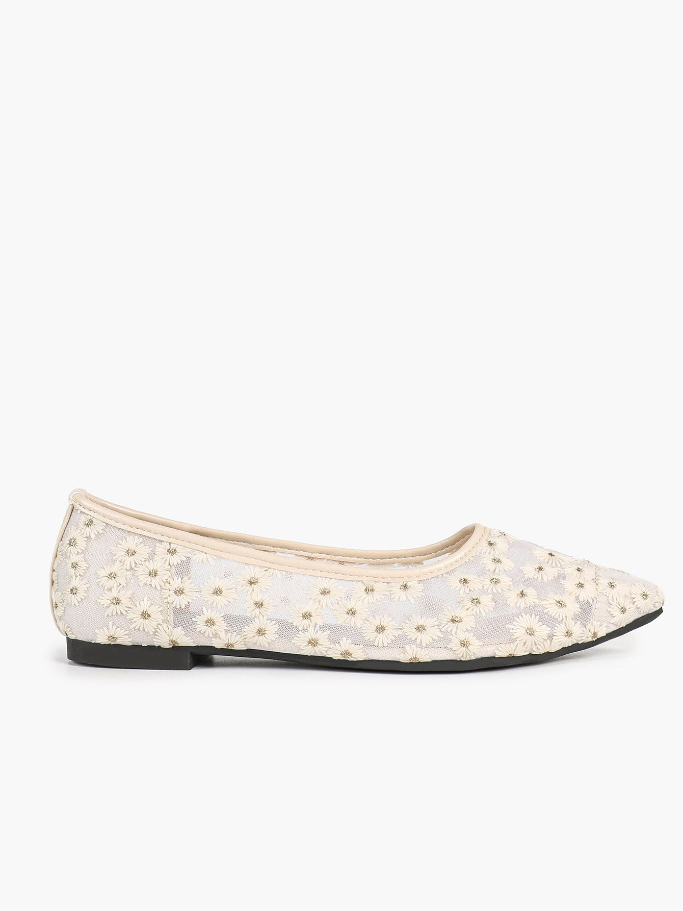Women's Pointed Toe Daisy Embroidery Mesh Flats Slip On Elegant Summer Shoes for Bridal Casual Outfit