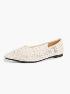 Women's Pointed Toe Daisy Embroidery Mesh Flats Slip On Elegant Summer Shoes for Bridal Casual Outfit