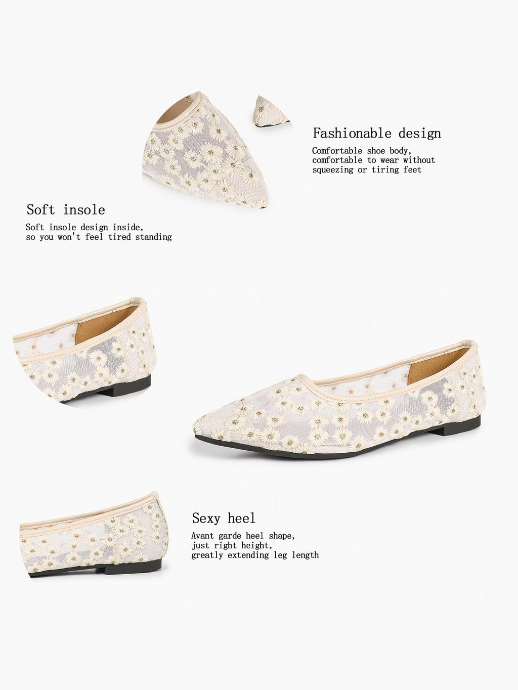 Women's Pointed Toe Daisy Embroidery Mesh Flats Slip On Elegant Summer Shoes for Bridal Casual Outfit
