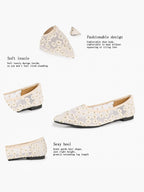 Women's Pointed Toe Daisy Embroidery Mesh Flats Slip On Elegant Summer Shoes for Bridal Casual Outfit